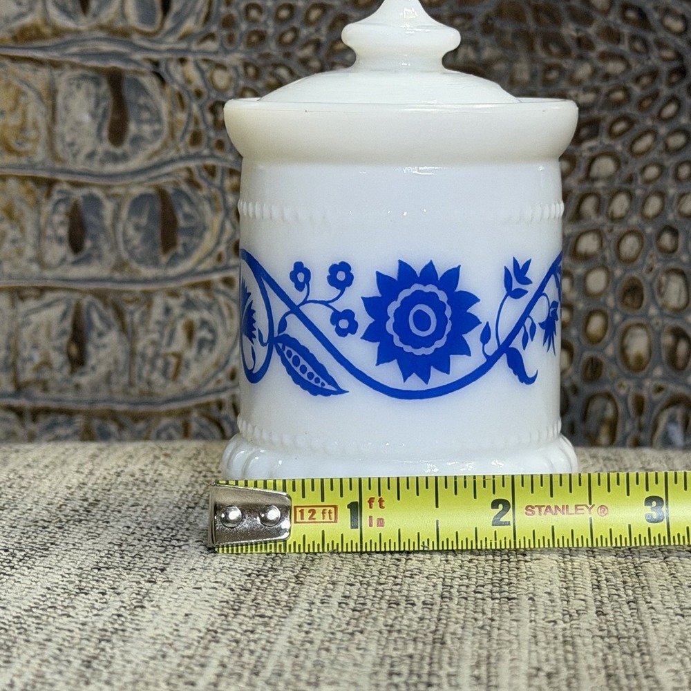 Hazel Atlas White Milk Glass Blue Sweet Pea Mustard Spice ApothecaryJars W/Lid - Picture 9 of 10